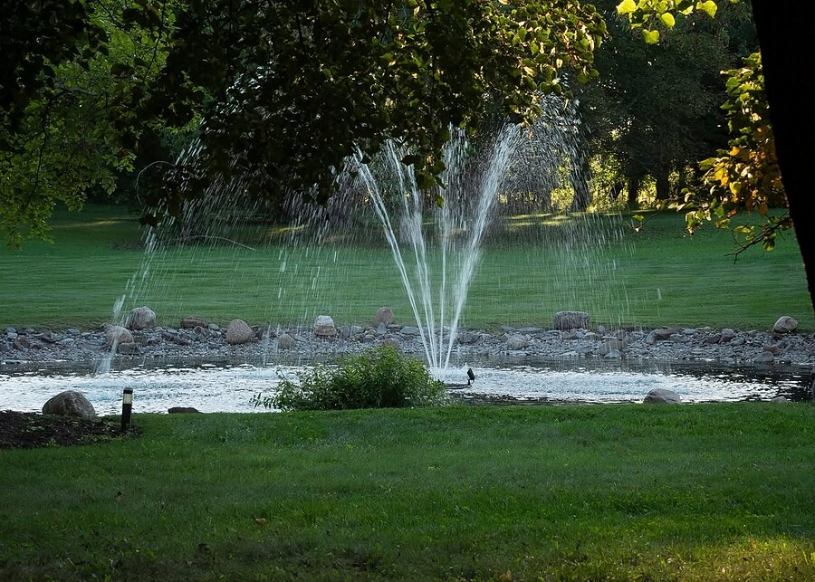 The pond and fountain on the grounds