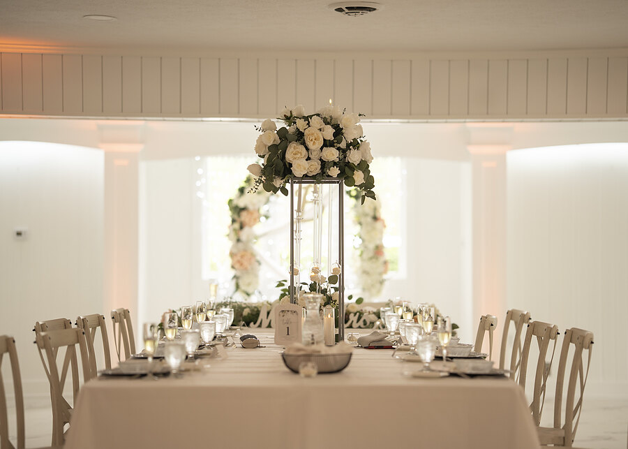 Family style table with a floral centerpiece