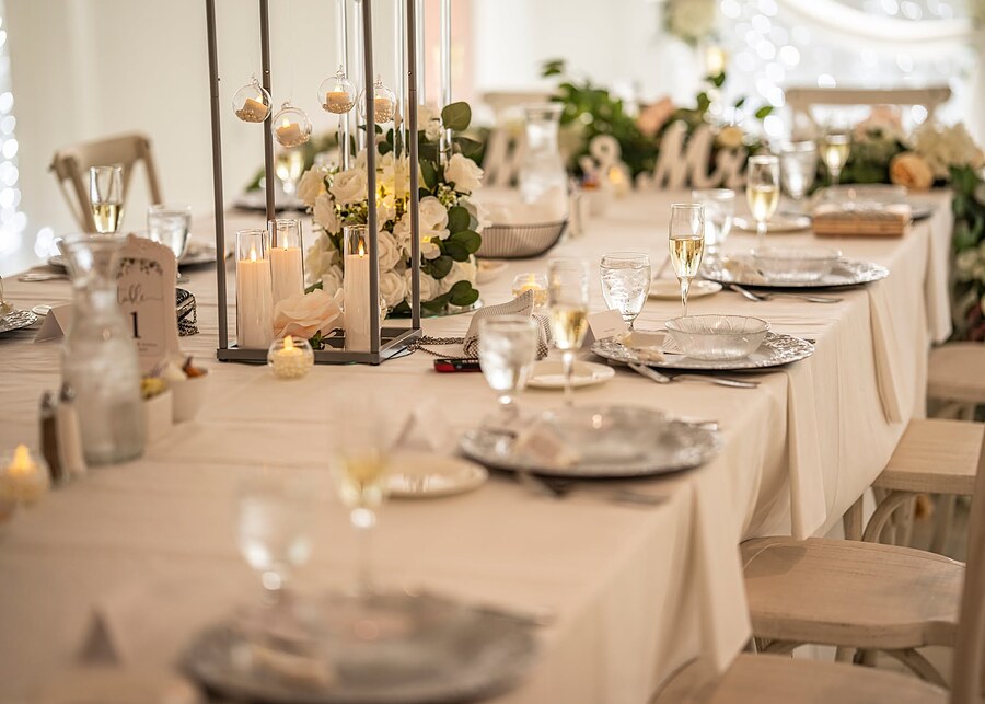 Reception tables set in the banquet hall