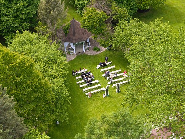 Aerial view of an outdoor wedding ceremony on the grounds, Chef's Event Center near Rochester, NY
