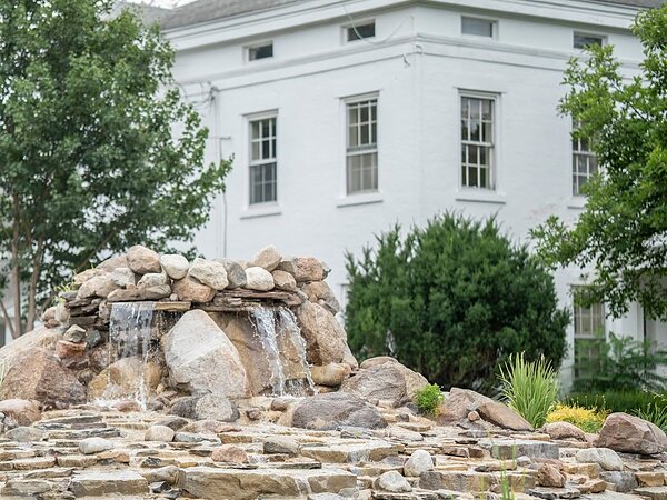 The stone waterfall in front of the house, Chef's Event Center near Rochester, NY