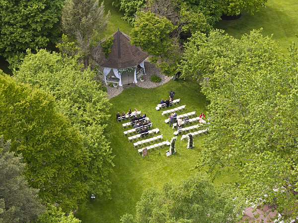 Aerial view of a ceremony on the lawn, Chef's Event Center near Rochester, NY